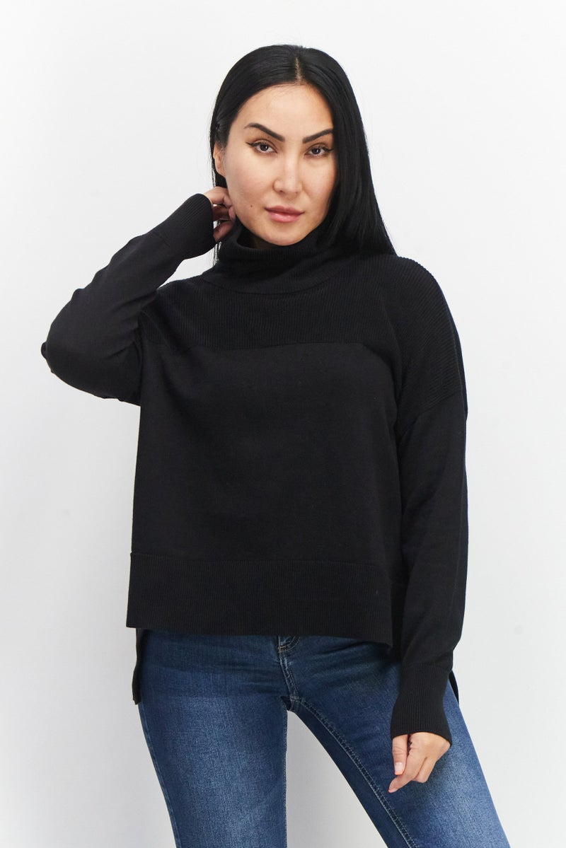 Women Turtle Neck Long Sleeve Textured Sweater, Black