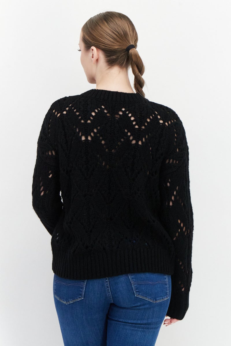 Women Round Neck Crochet Sweater, Black