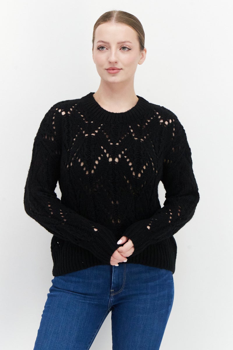 Women Round Neck Crochet Sweater, Black