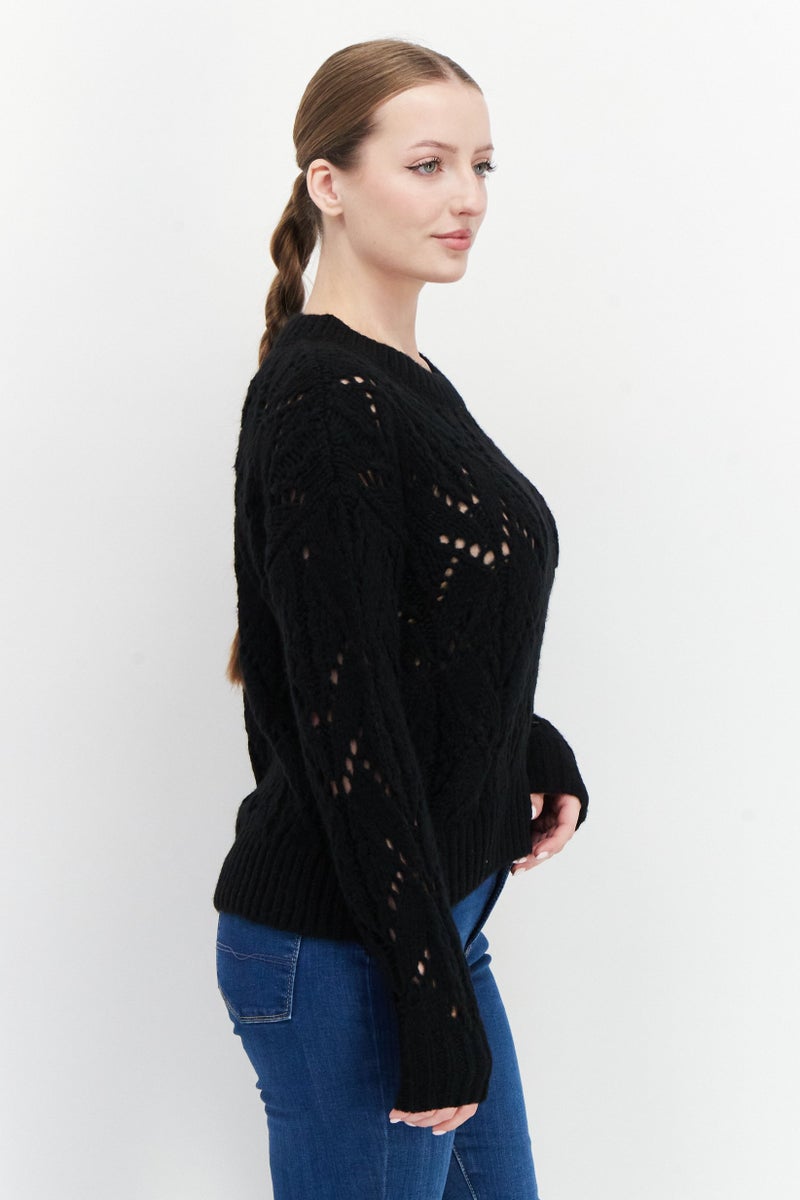 Women Round Neck Crochet Sweater, Black