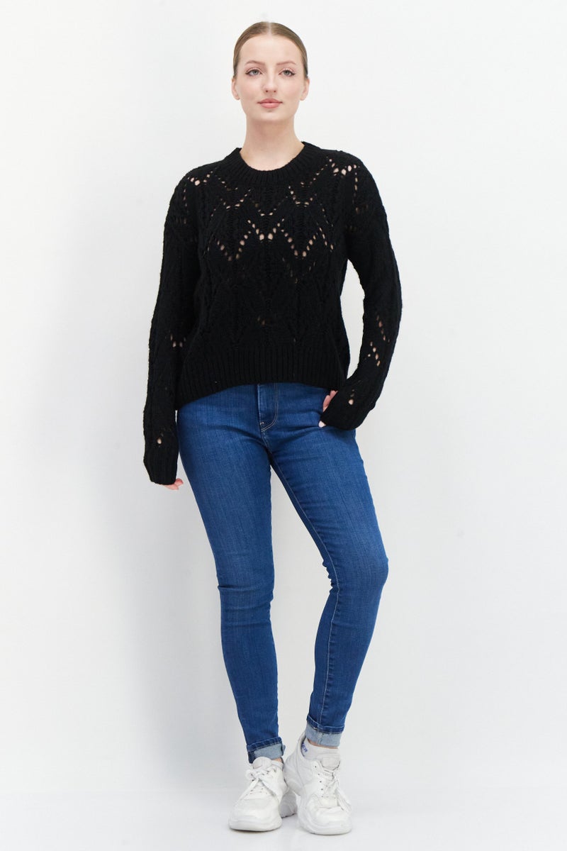 Women Round Neck Crochet Sweater, Black