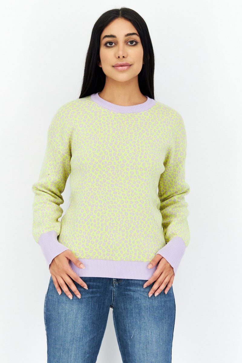 Women Crew Neck Animal Print Sweaters, Yellow