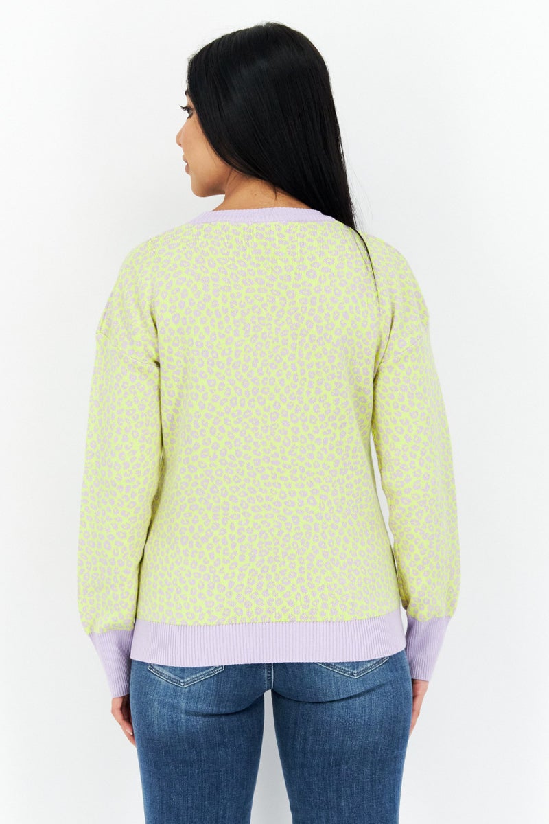 Women Crew Neck Animal Print Sweaters, Yellow