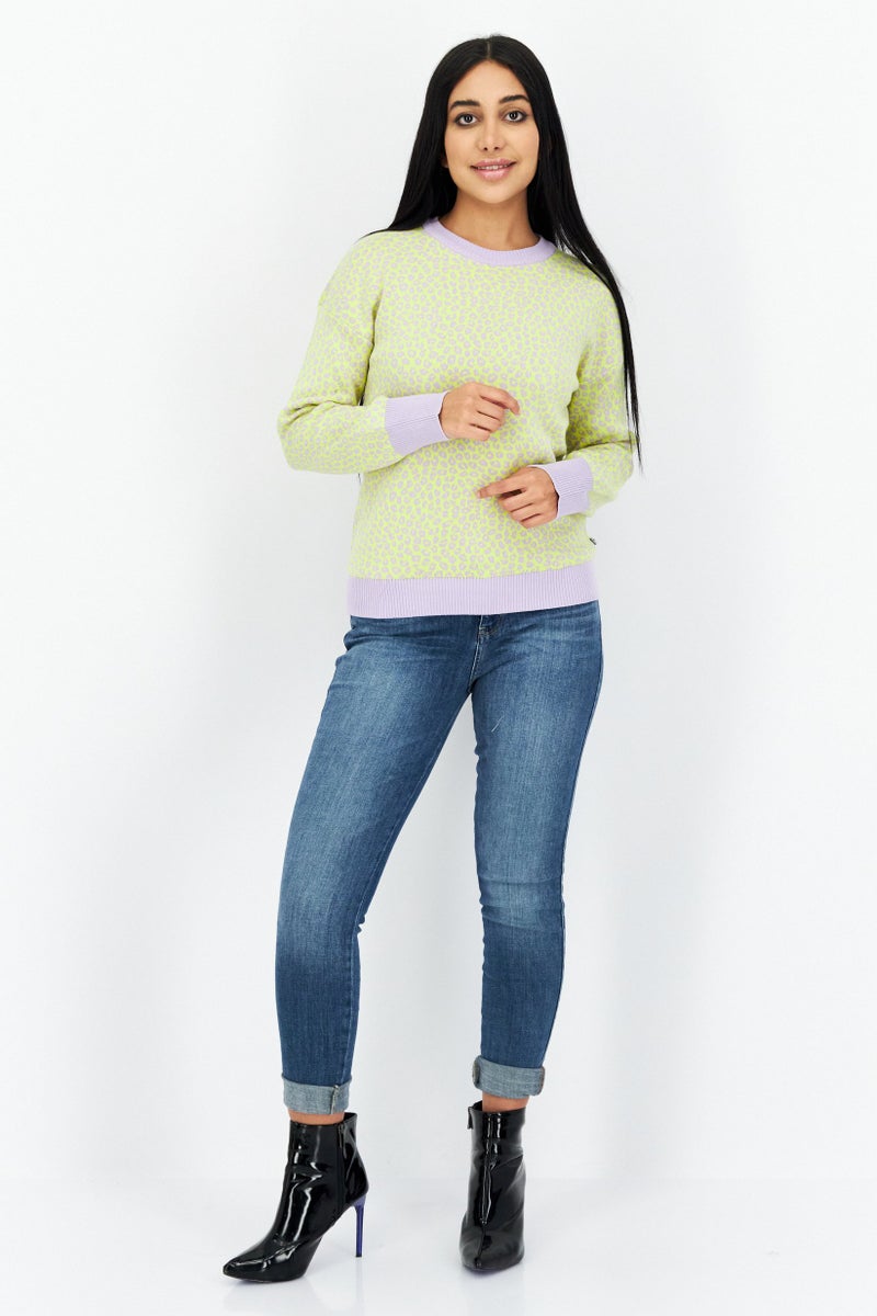 Women Crew Neck Animal Print Sweaters, Yellow