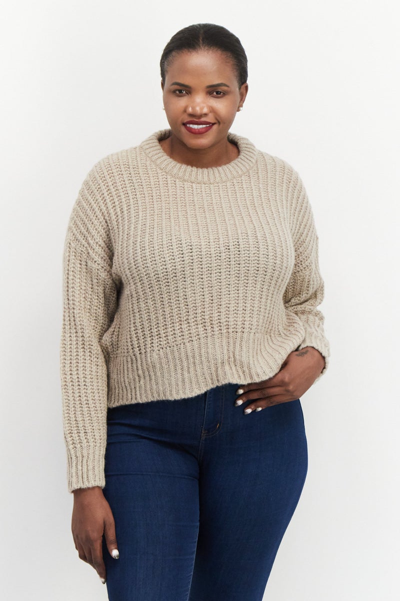 Women Crew-Neck Crochet Sweater, Beige