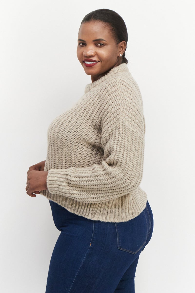 Women Crew-Neck Crochet Sweater, Beige