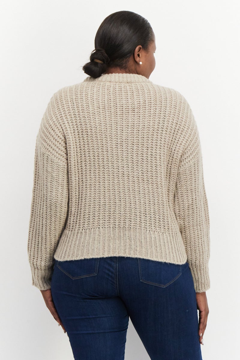 Women Crew-Neck Crochet Sweater, Beige