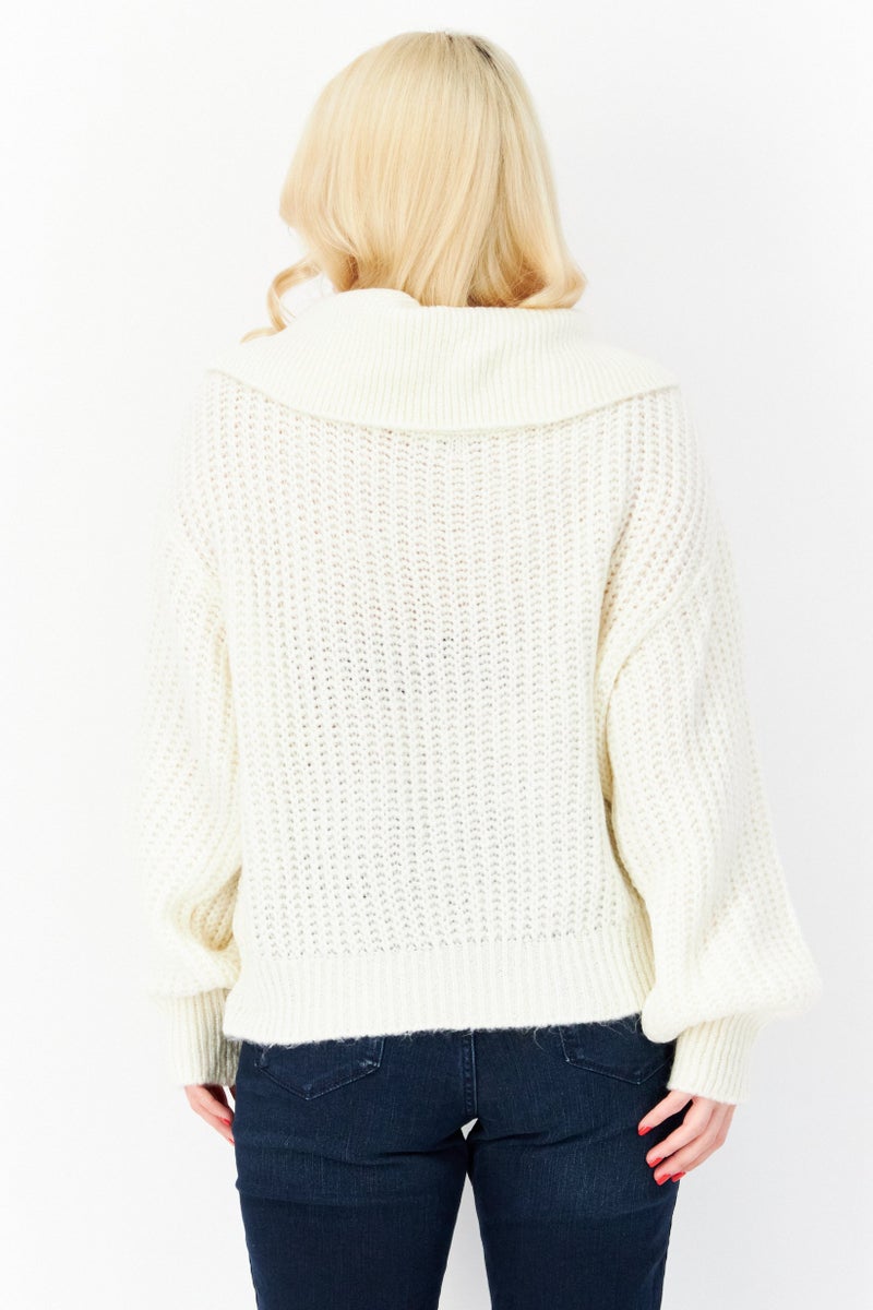 Women Oversized Collar Knitted Sweater, Ivory