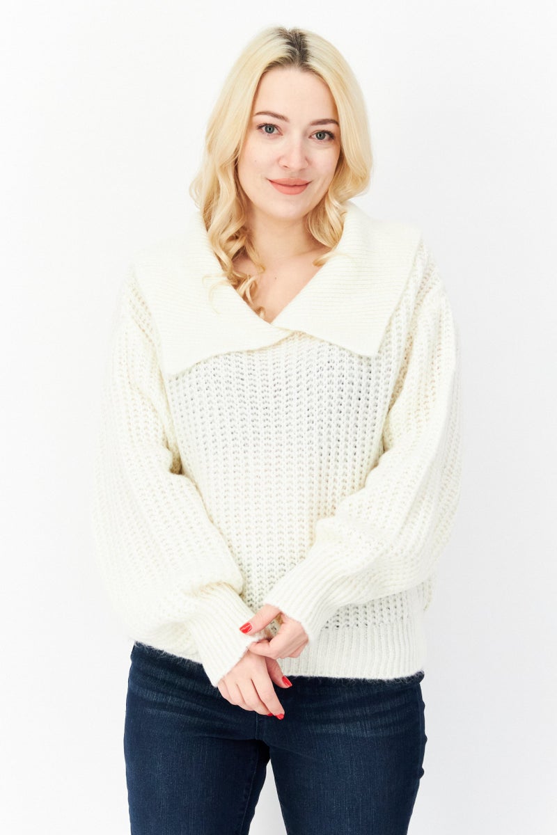 Women Oversized Collar Knitted Sweater, Ivory