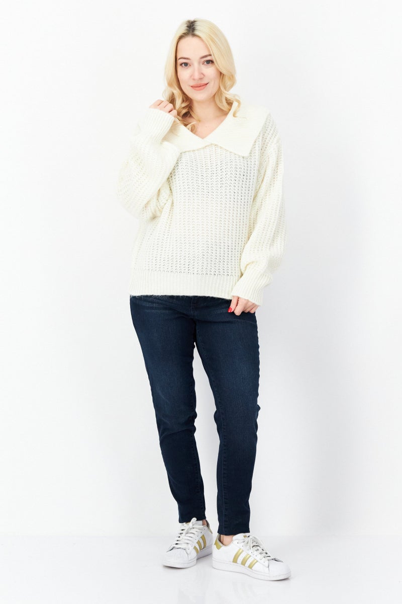 Women Oversized Collar Knitted Sweater, Ivory