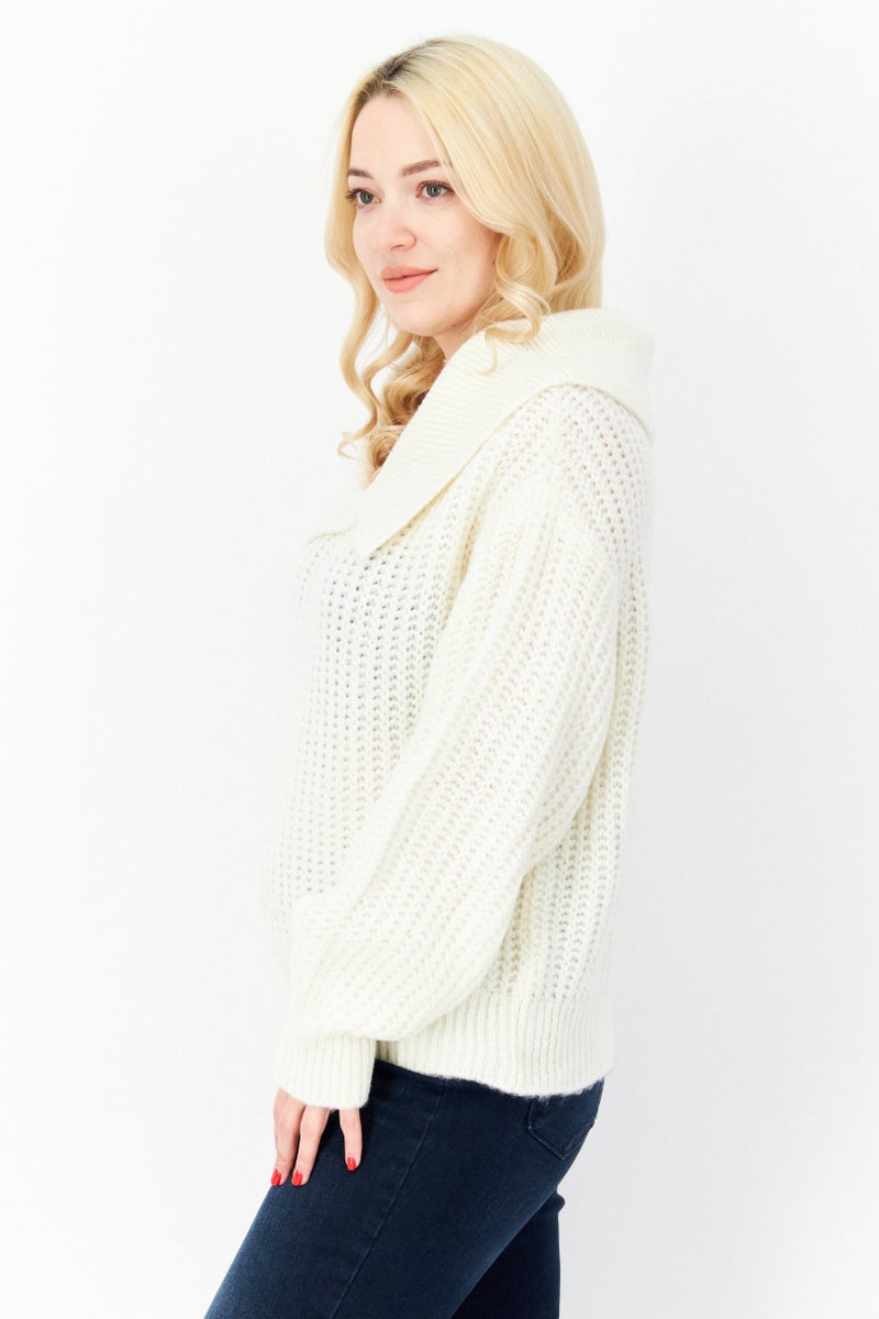 Women Oversized Collar Knitted Sweater, Ivory