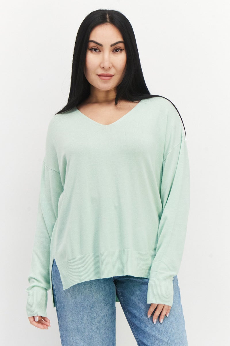 Women V Neck Long Sleeve Plain Sweater, Mint Green