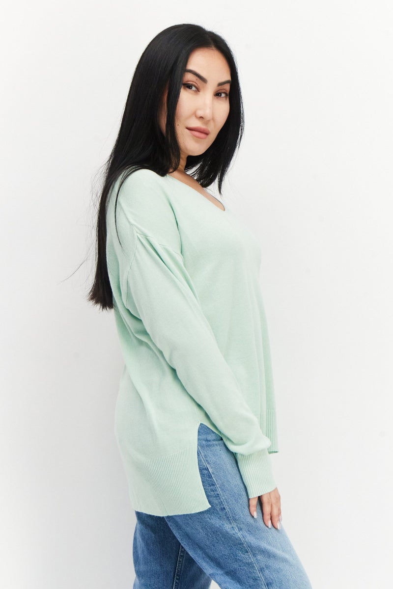 Women V Neck Long Sleeve Plain Sweater, Mint Green