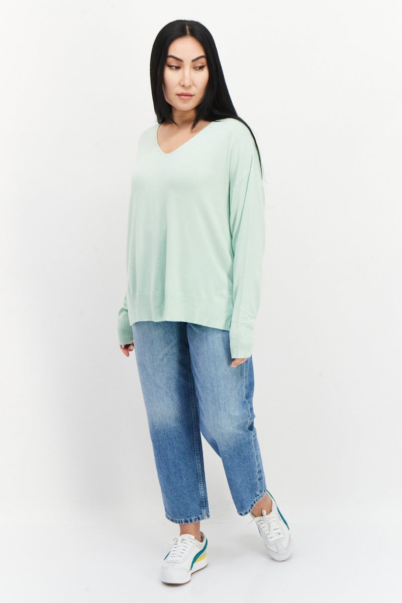 Women V Neck Long Sleeve Plain Sweater, Mint Green