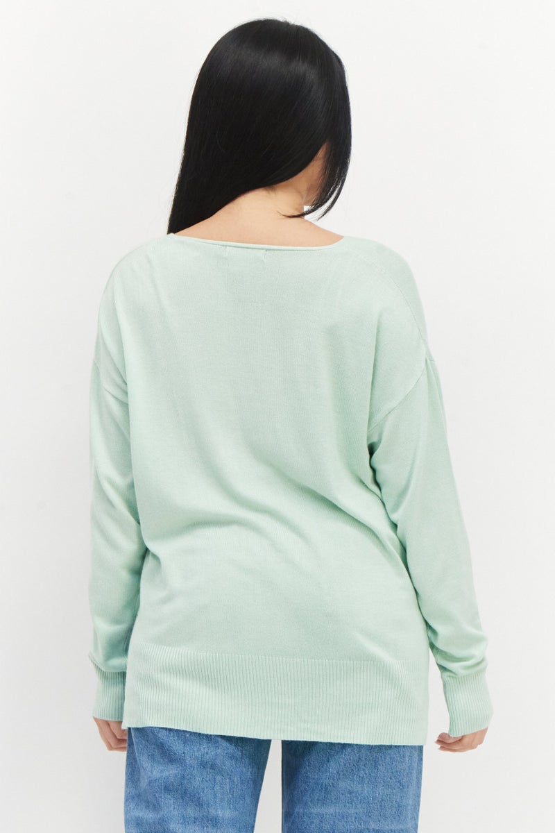 Women V Neck Long Sleeve Plain Sweater, Mint Green
