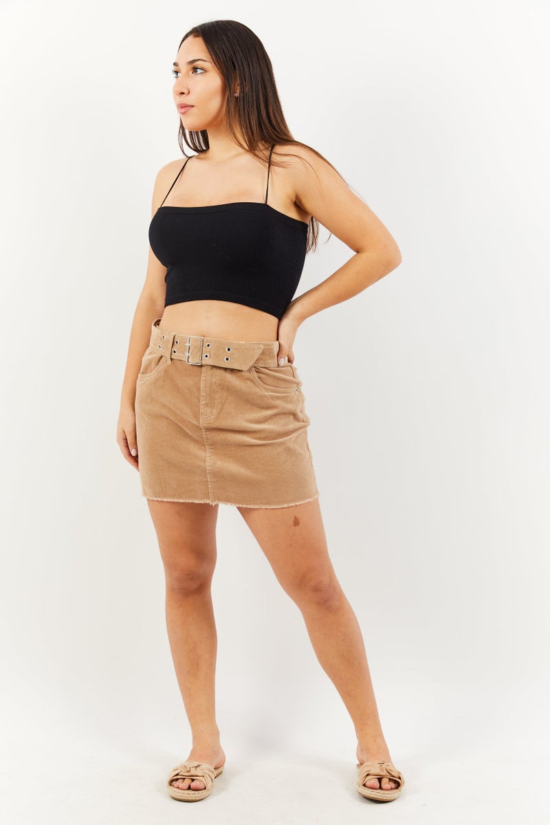 Women Belted Corduroy Mini Skirt, Tan