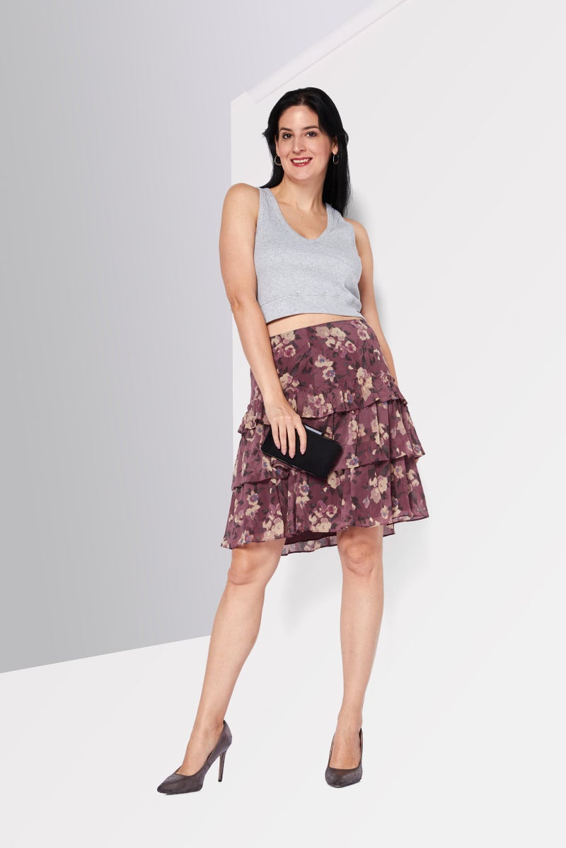Women Floral Print Mini Skirt, Purple