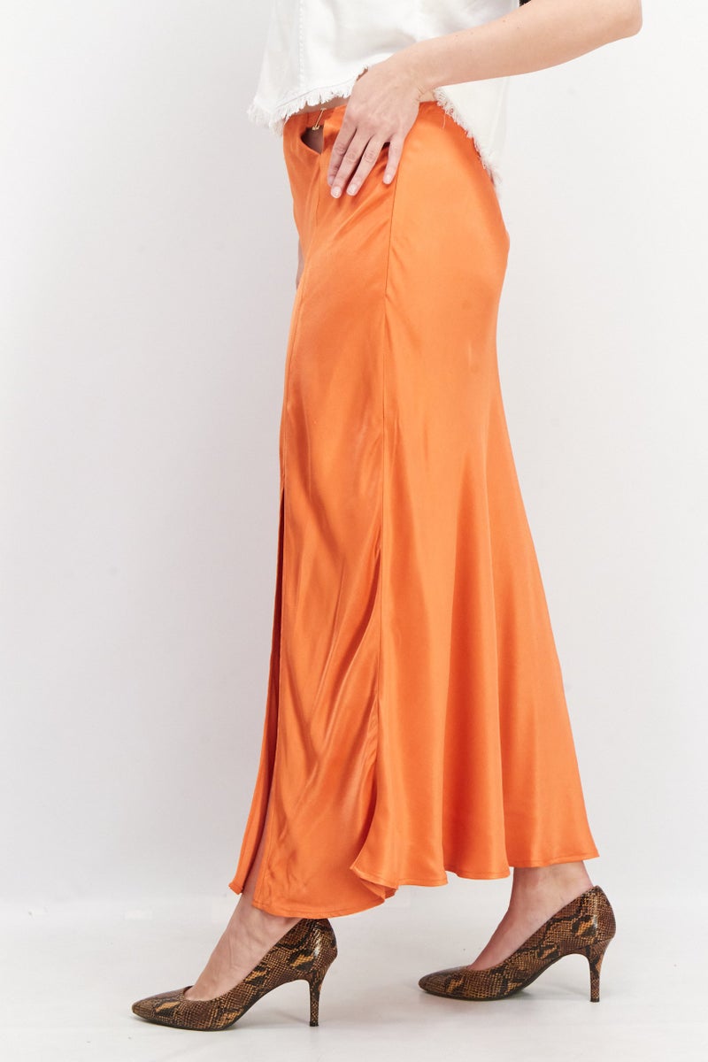 Women Satin Slit Maxi Skirt, Orange