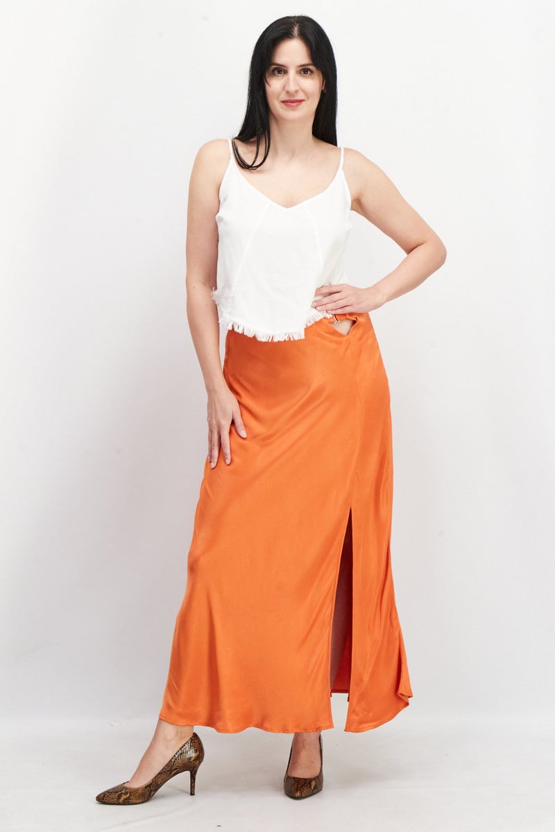 Women Satin Slit Maxi Skirt, Orange