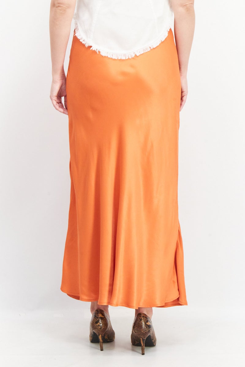 Women Satin Slit Maxi Skirt, Orange