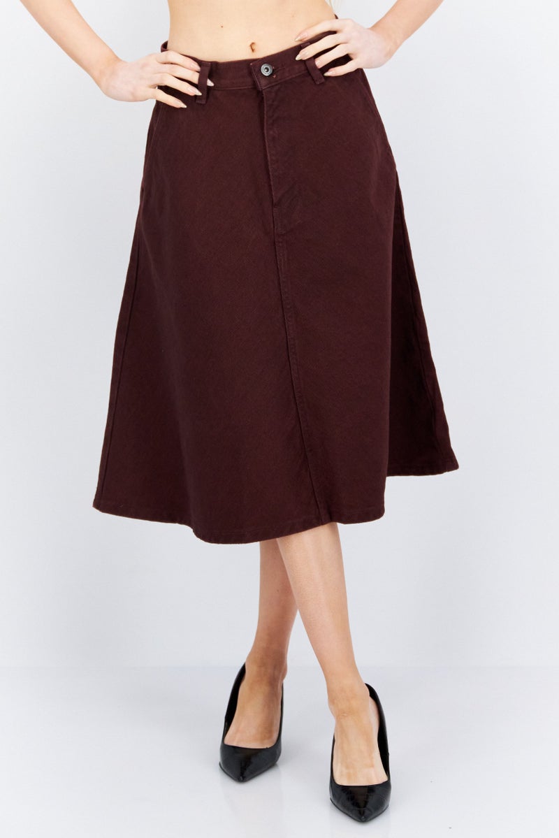 Women Textured Midi Denim Skirts, Burgundy