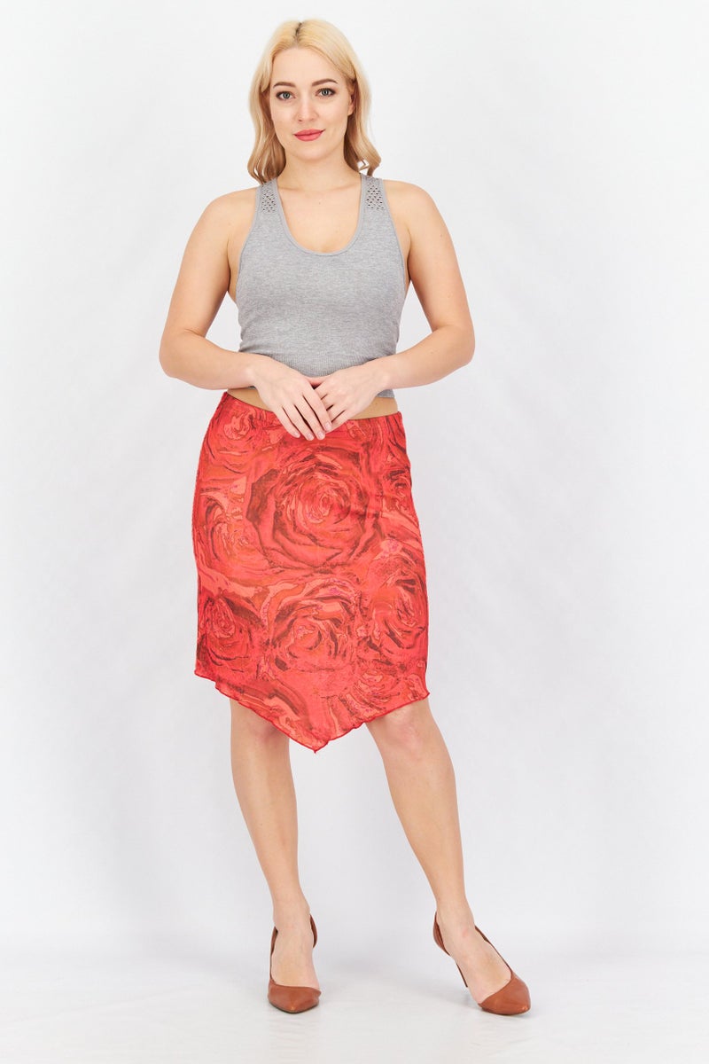 Women Printed Midi Skirt, Rose