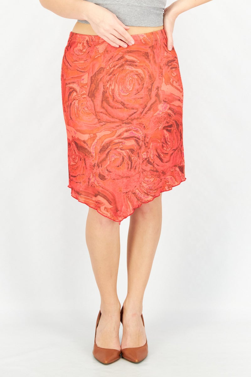 Women Printed Midi Skirt, Rose