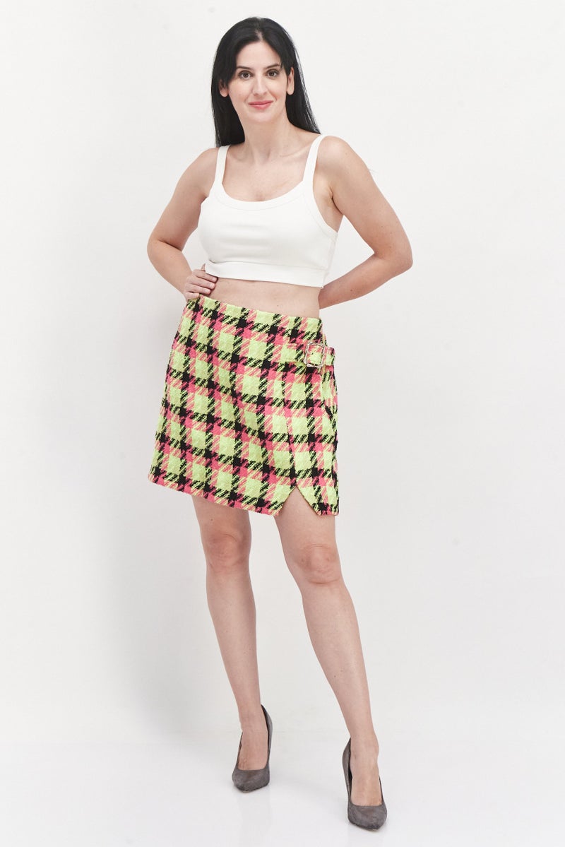 Women Pull On Textured Mini Skirts, Lime Green Combo