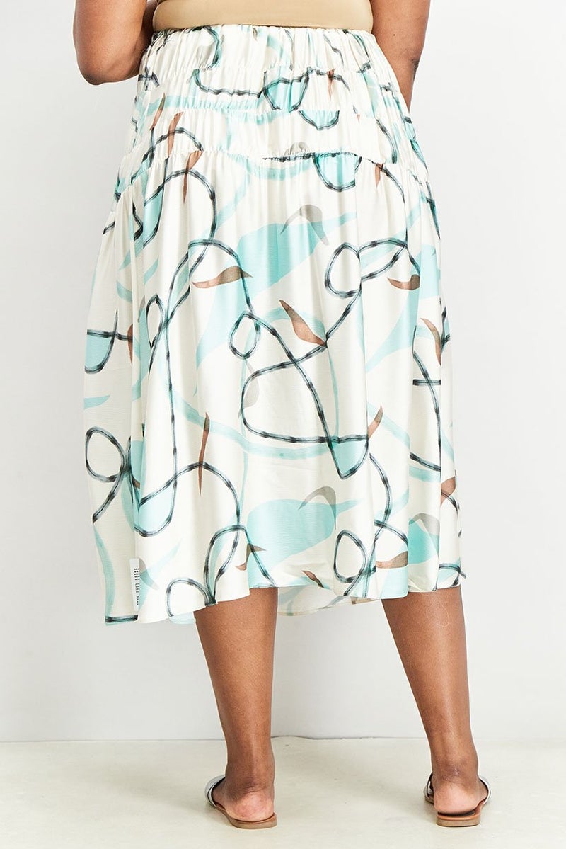 Women Curve Fit Pull On Printed Midi Skirt, Ivory Combo