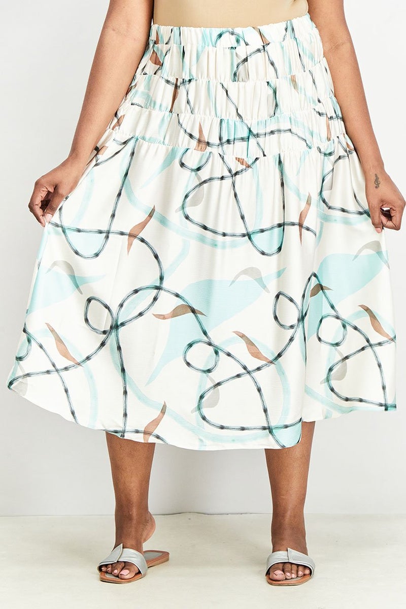 Women Curve Fit Pull On Printed Midi Skirt, Ivory Combo