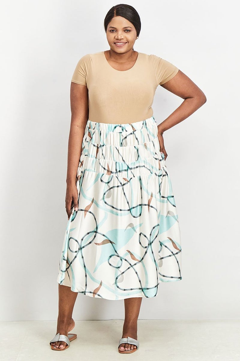 Women Curve Fit Pull On Printed Midi Skirt, Ivory Combo