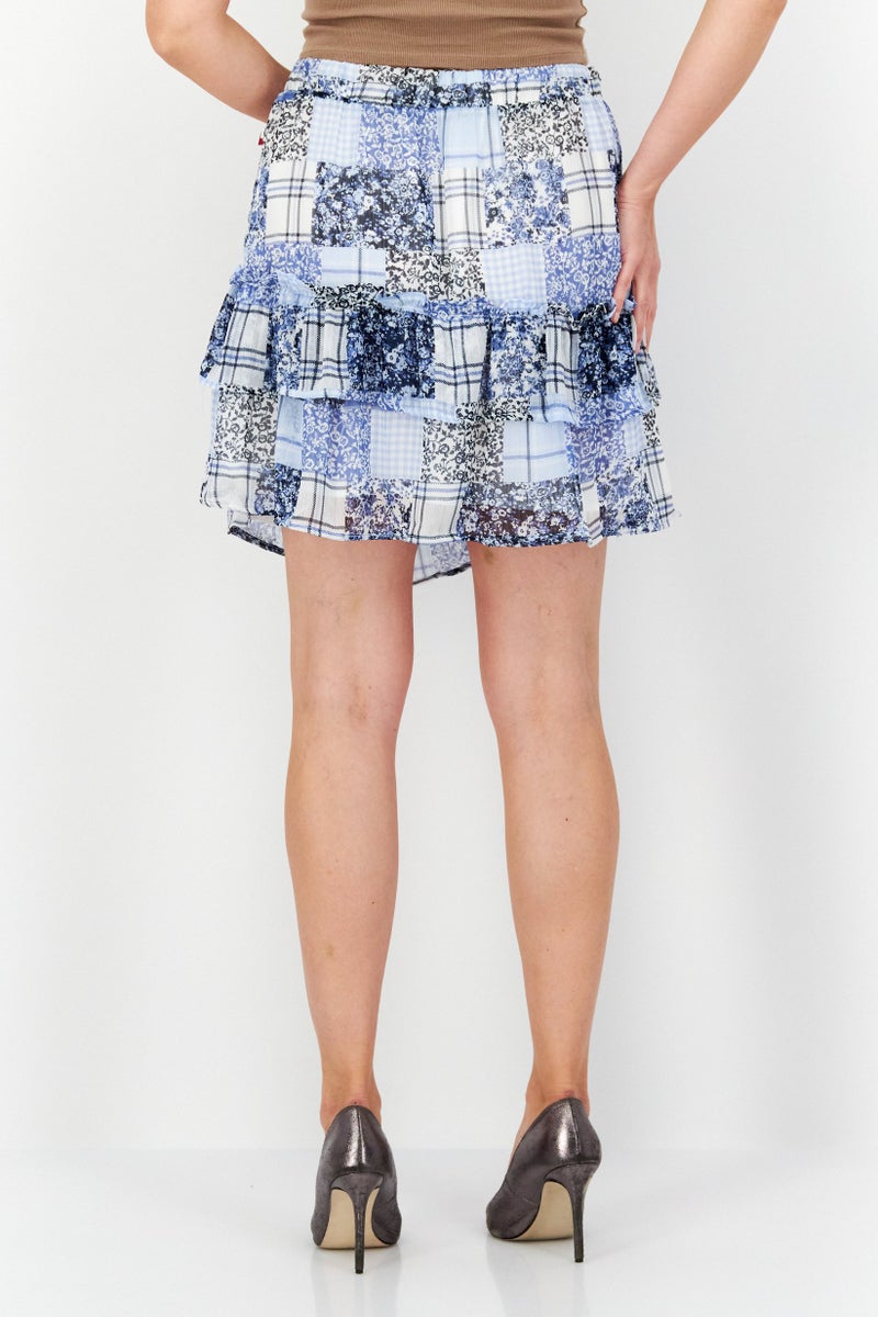 Women Allover Printed Basic Mini Skirt, Blue Combo