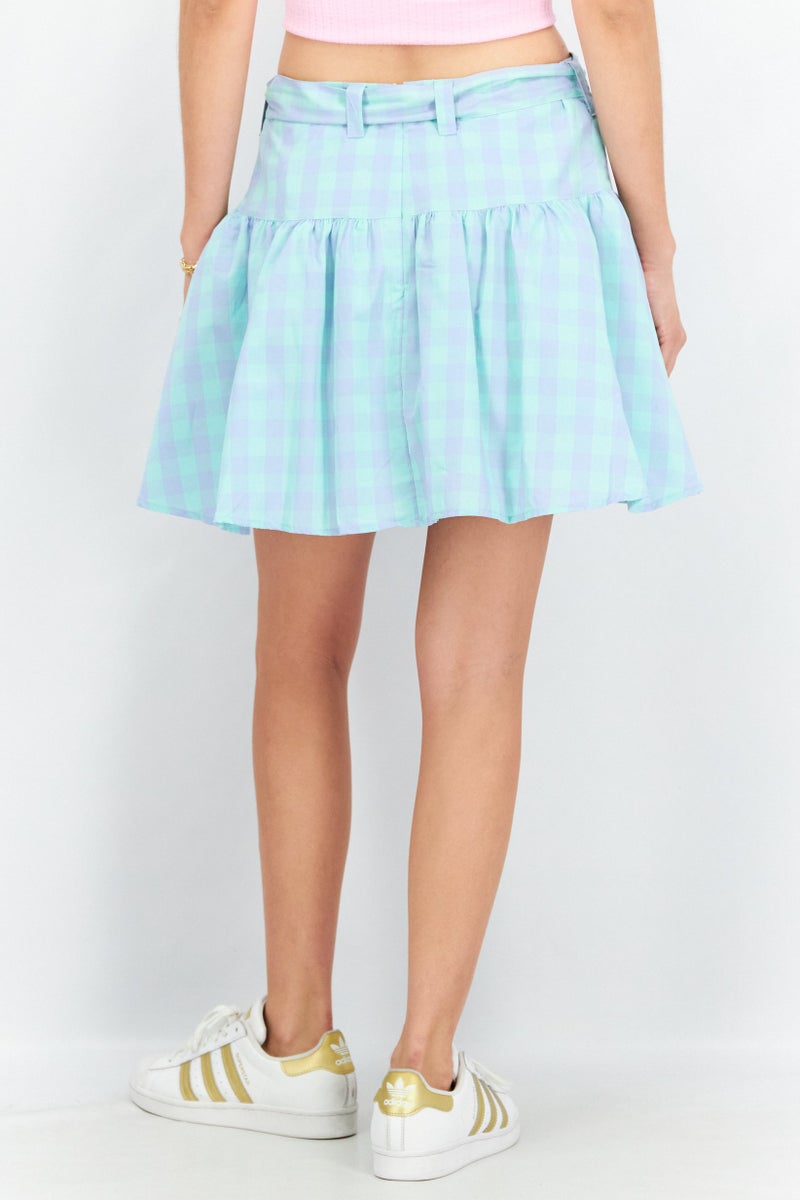 Women Belted Gingham Mini Skirt, Turquoise Combo