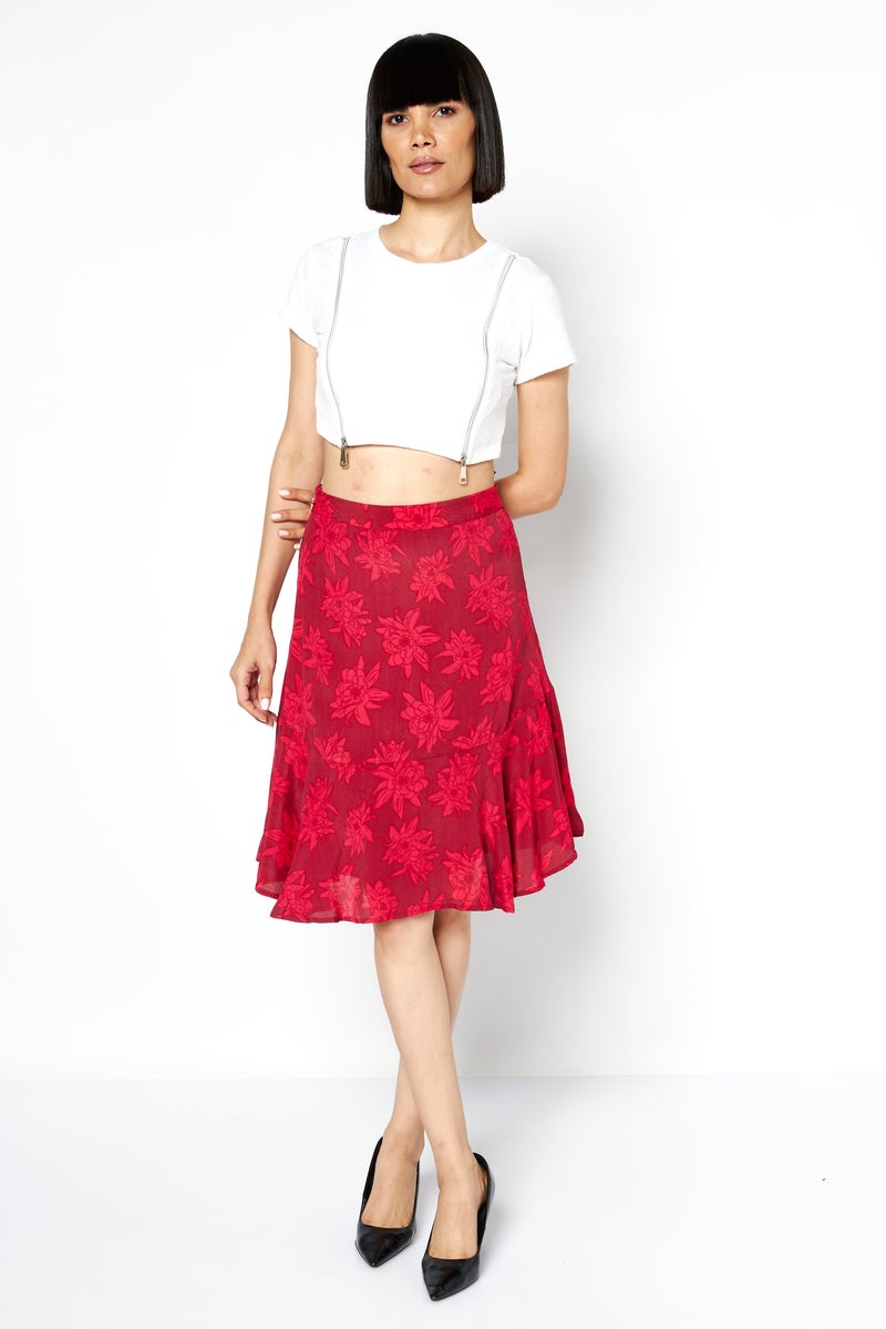 Women Floral Print Mini Skirt, Red