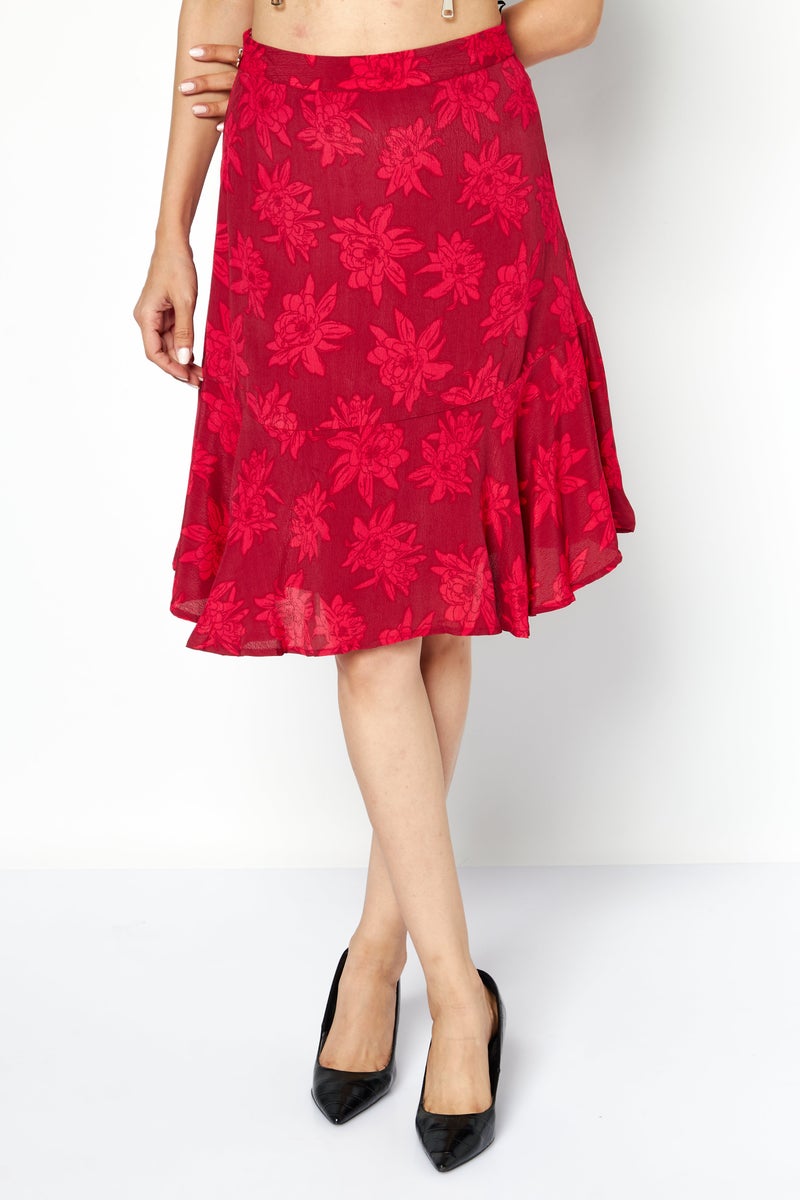 Women Floral Print Mini Skirt, Red