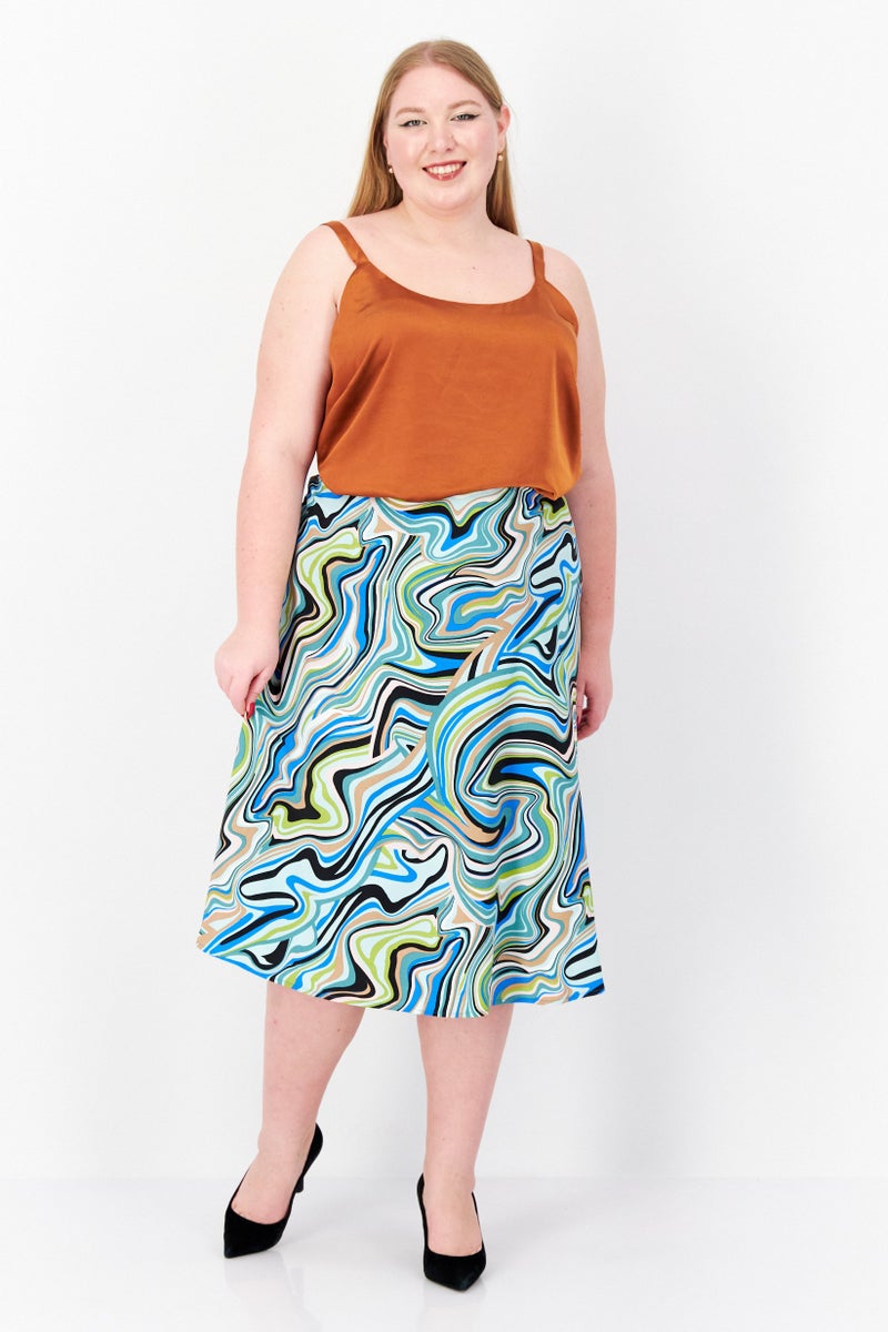 Women Plus Size Allover Print Midi Skirt, Blue Combo