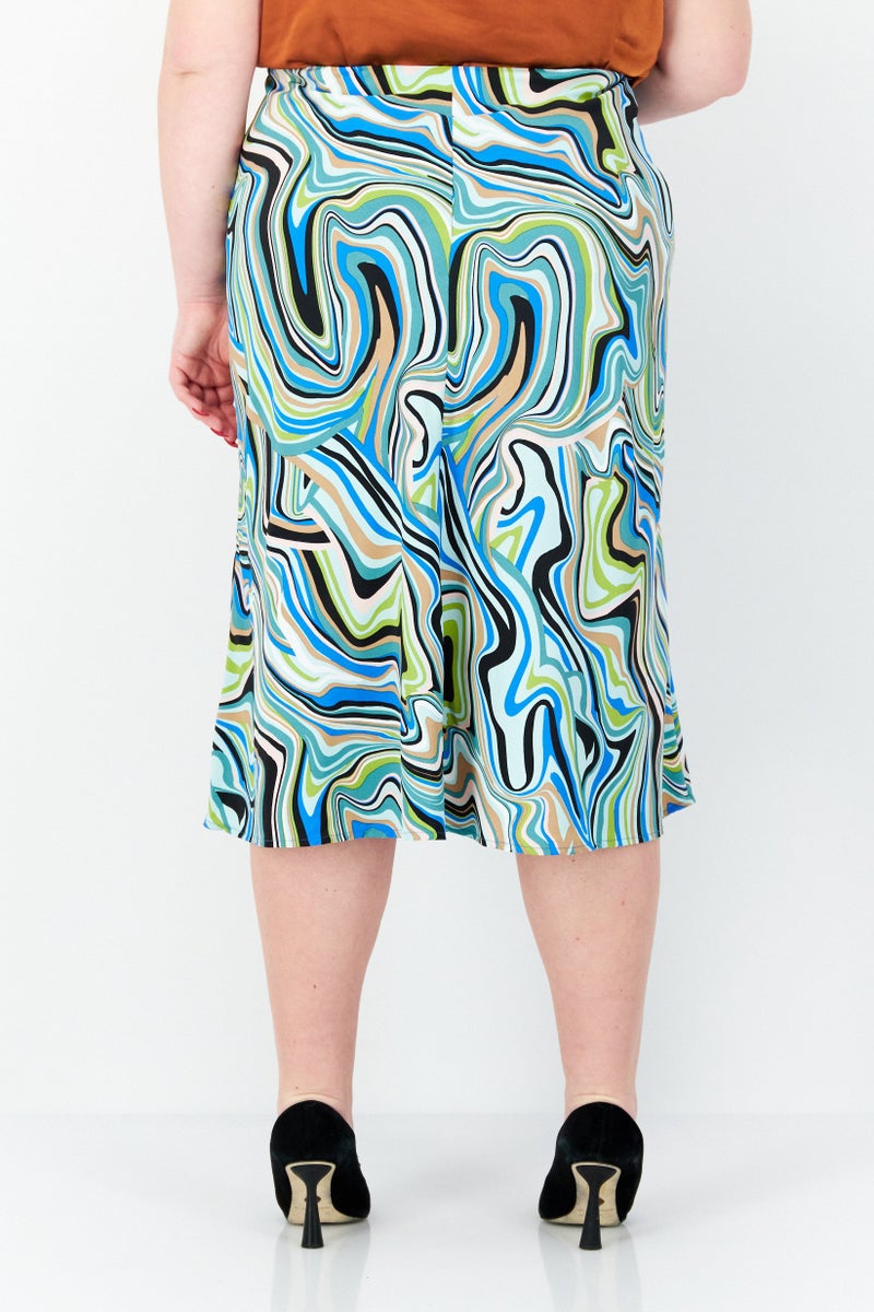 Women Plus Size Allover Print Midi Skirt, Blue Combo