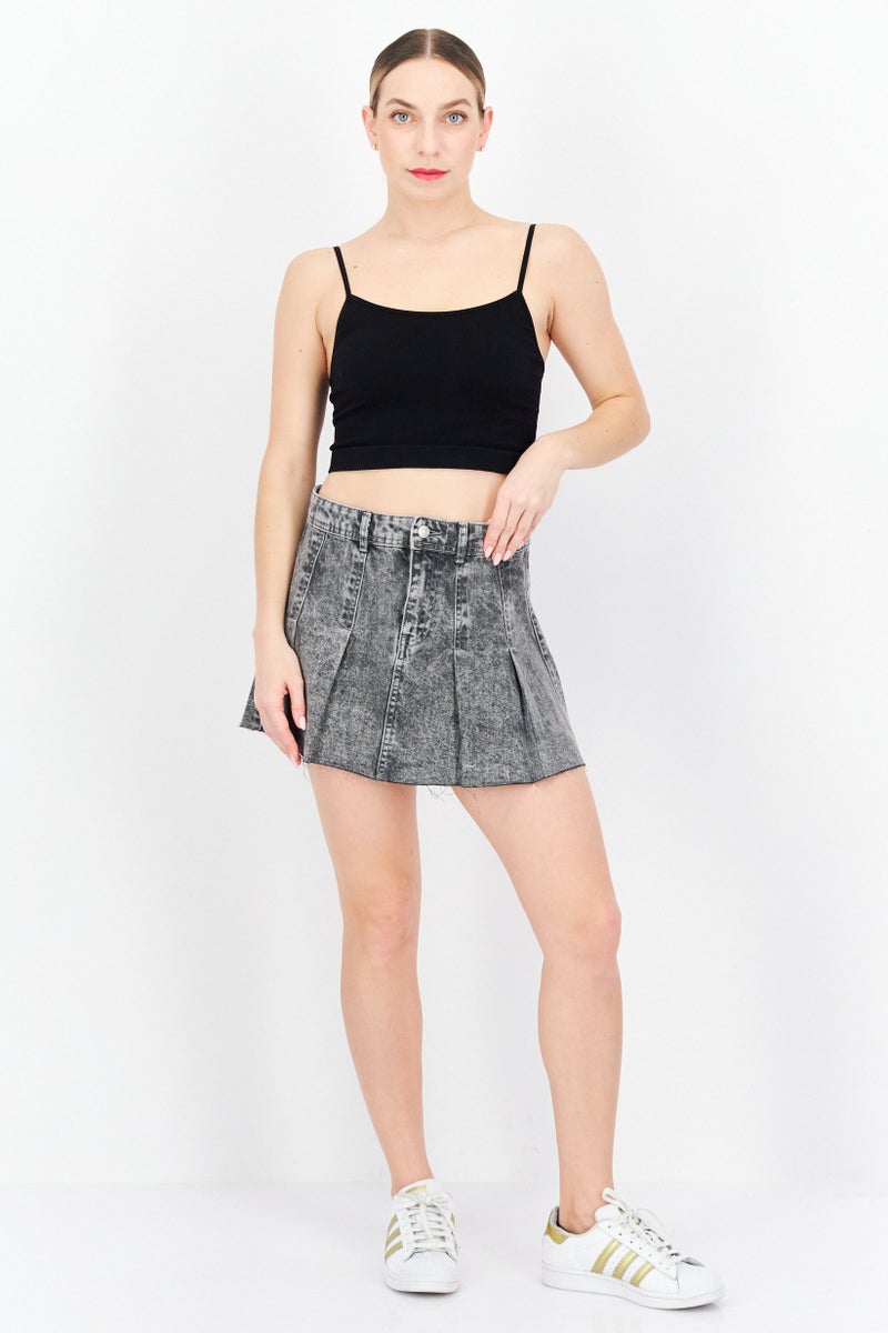 Women Washed Denim Mini Skirt, Grey