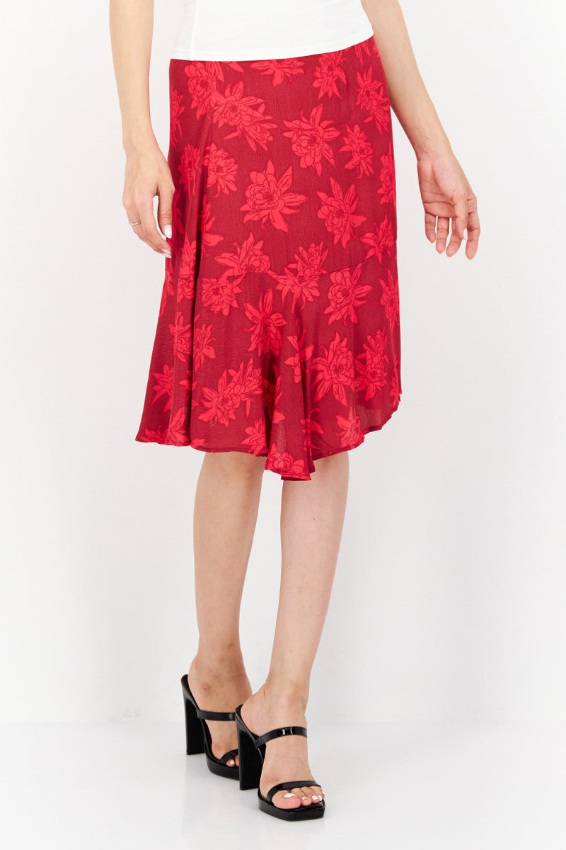 Women Floral Print Mini Skirt, Red