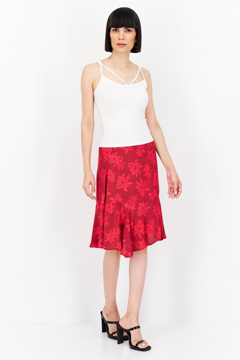 Women Floral Print Mini Skirt, Red