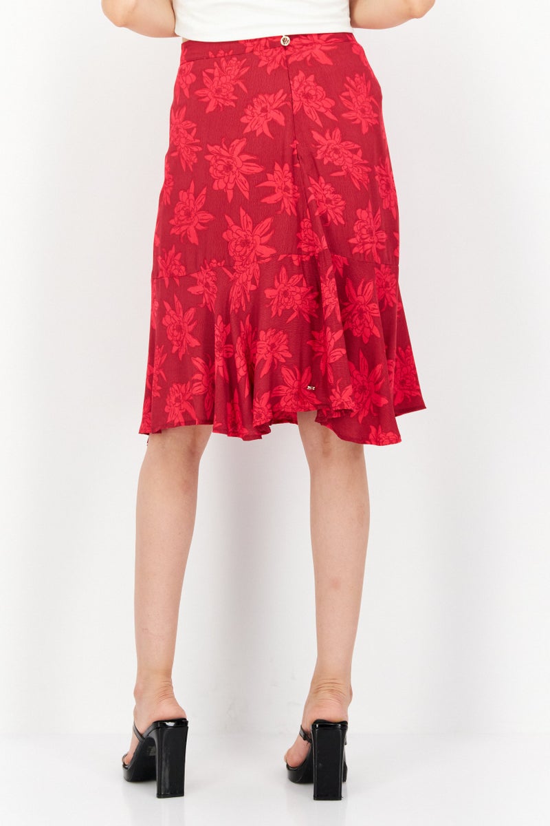 Women Floral Print Mini Skirt, Red