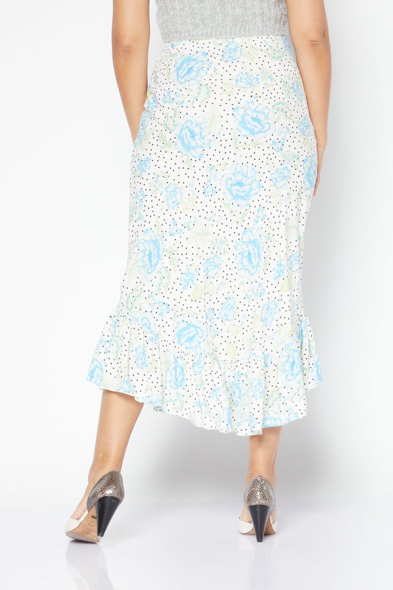 Women Floral Pattern Midi Skirt, White