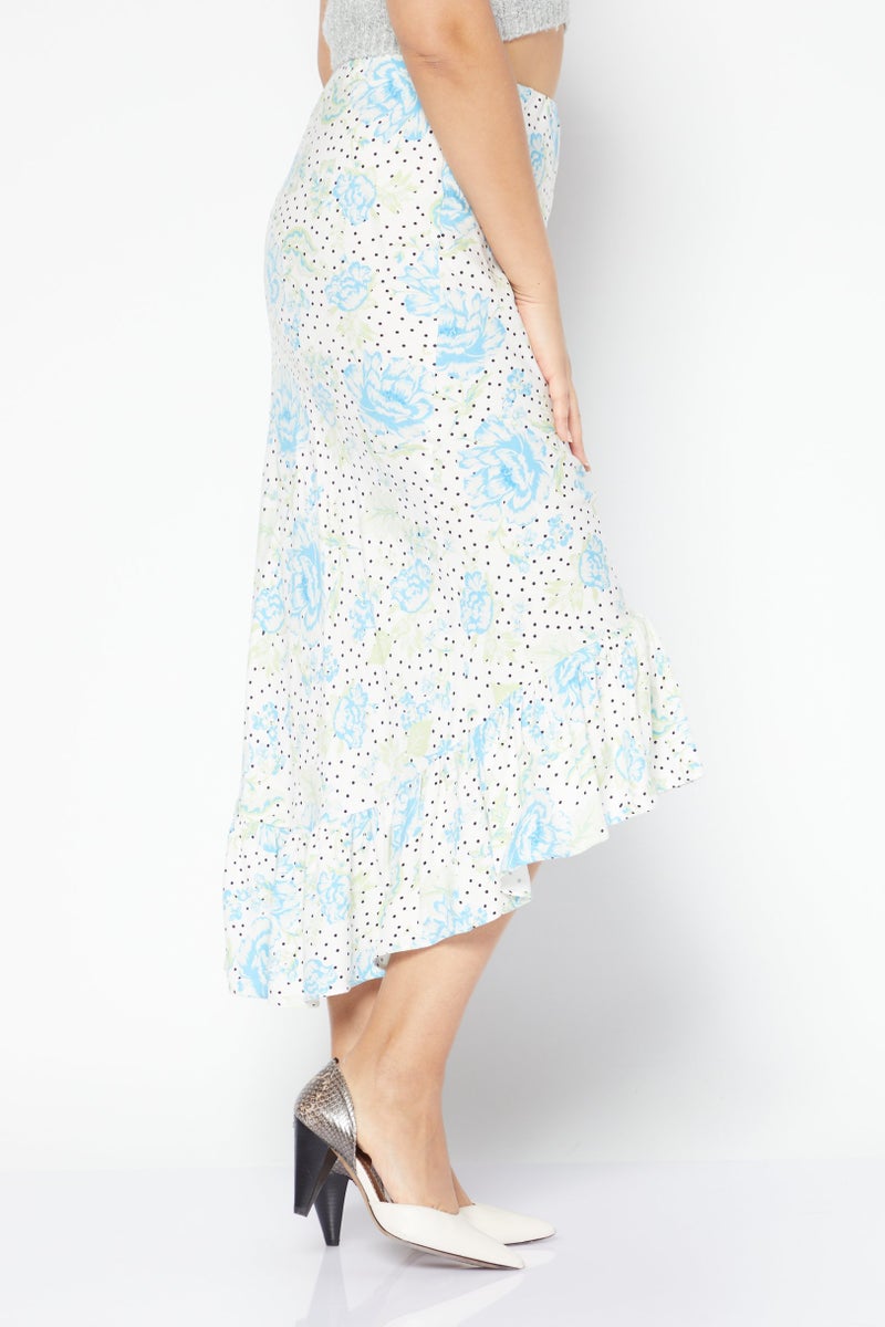 Women Floral Pattern Midi Skirt, White