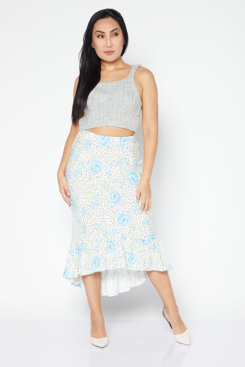 Women Floral Pattern Midi Skirt, White