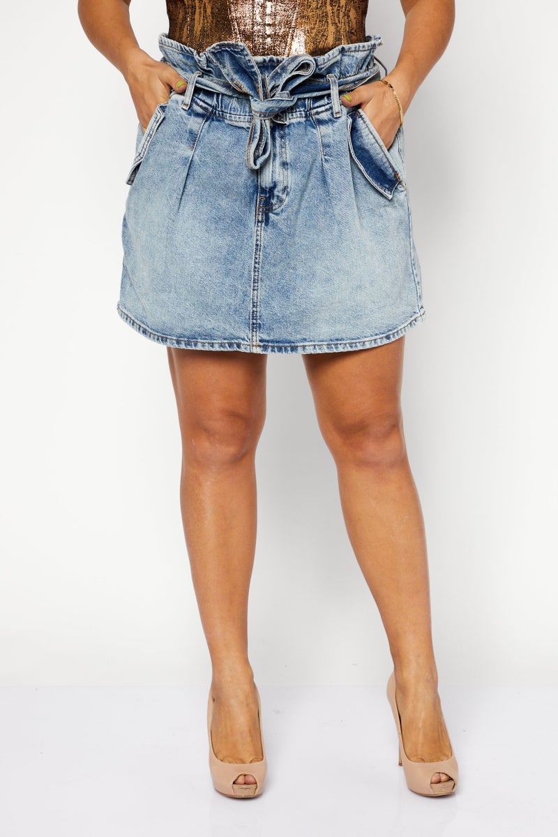 Women Washed  Belted Mini Denim Skirts, Blue