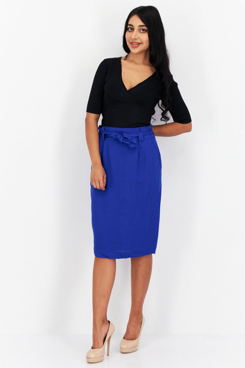 Women Petite Plain Midi Skirt, Blue