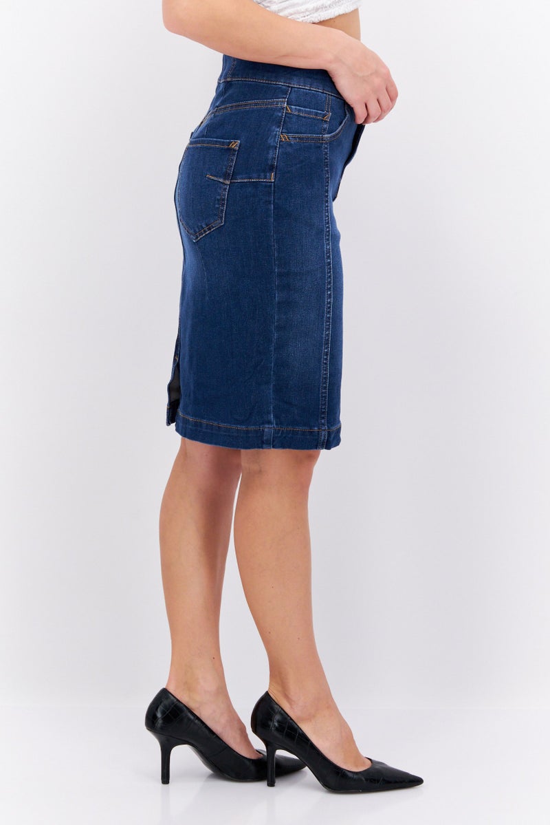 Women Washed Denim Mini Skirt, Navy