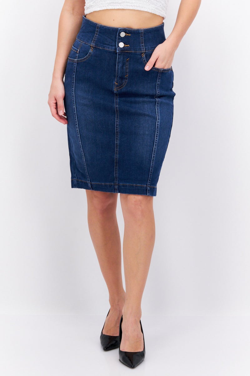 Women Washed Denim Mini Skirt, Navy