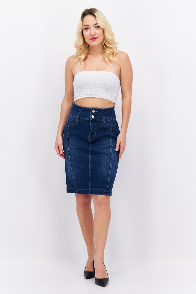 Women Washed Denim Mini Skirt, Navy