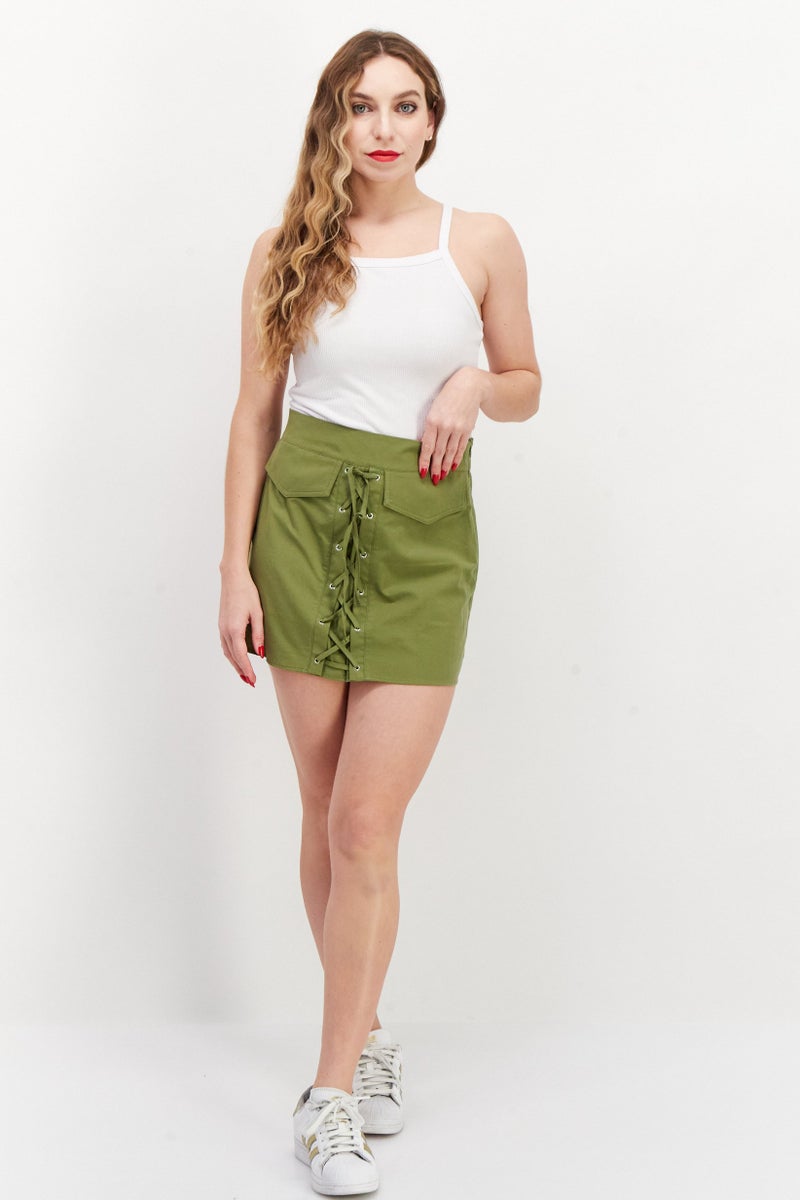 Women Tie Mini Skirt, Olive Green